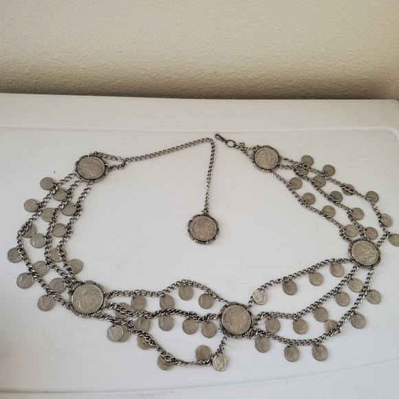 Vintage Silver Tone Multi Strand Coin Chain Belt Napoleon Empereur Boho Gypsy main image 10